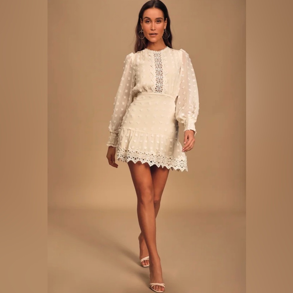 Lulu’s Lust or Love Cream Embroidered Lace Long Sleeve Dress